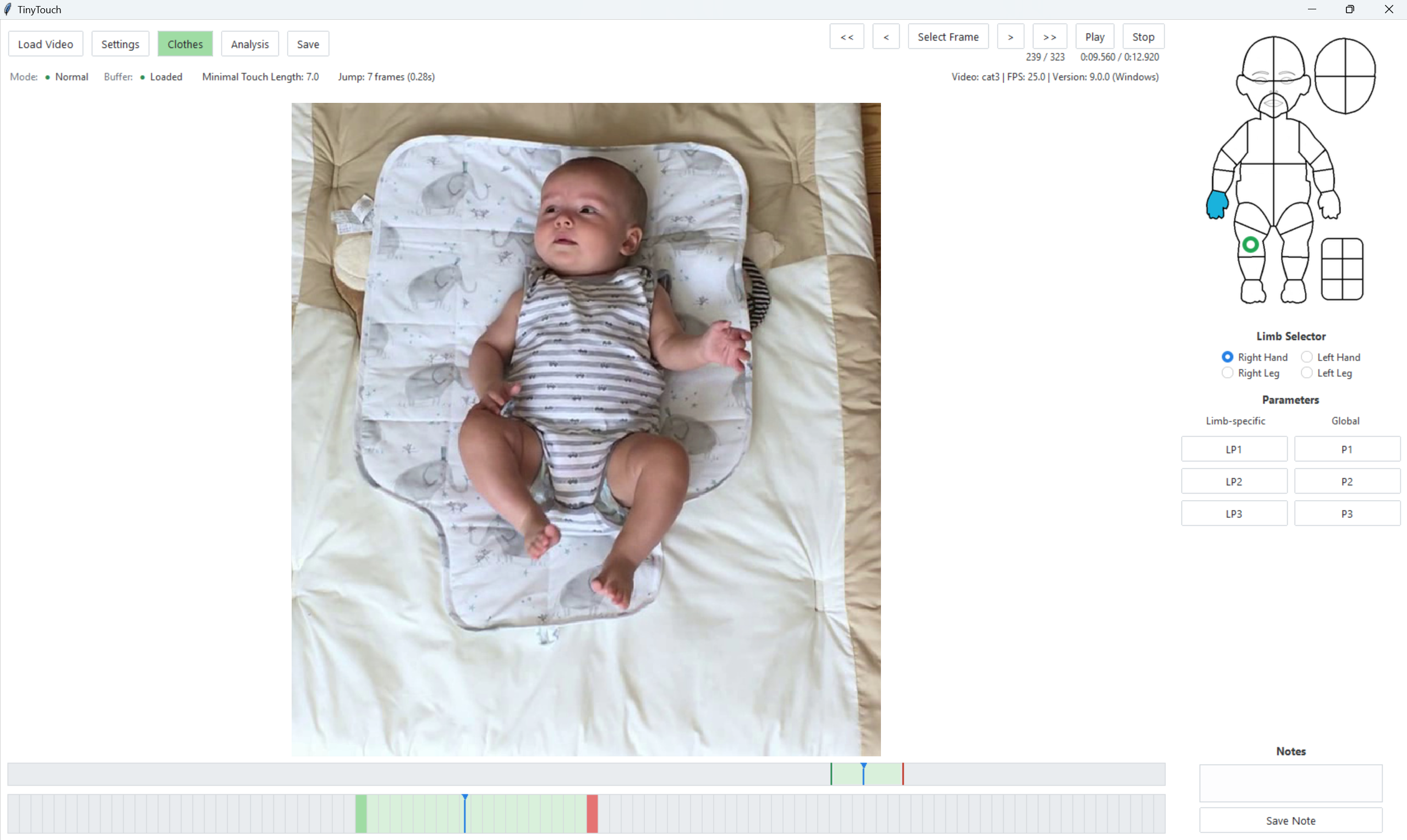 TinyTouch video-labeling interface with a body diagram and annotation timeline